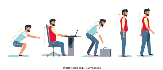 Correct sitting at desk, posture and ergonomics advice for office workers, isolated characters vector. Man using computer, doing sit-ups and walking. Male character with healthy spine, fitness and job