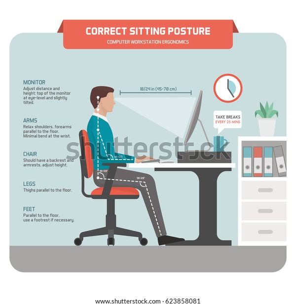 Correct sitting at desk posture\
ergonomics: office worker using a computer and improving his\
posture