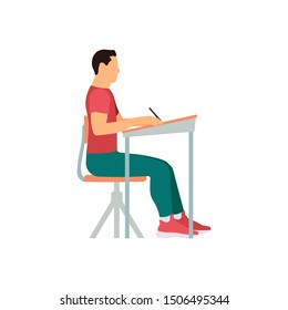 Correct sitting pose of a man near the table.
