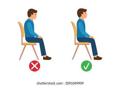 Correct sitting position. Medical infographics with a child's spine sitting wrong and  good on a chair. Vector illustration isolated