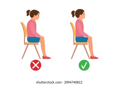 Correct sitting position. Medical infographics with a child's spine sitting wrong and  good on a chair. Vector illustration isolated