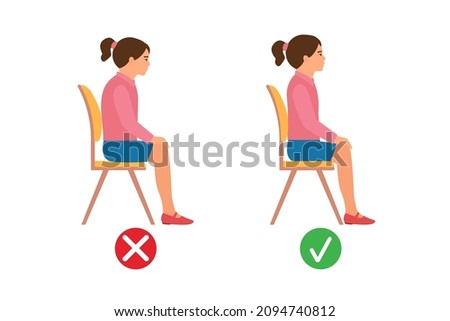 Correct sitting position. Medical infographics with a child's spine sitting wrong and  good on a chair. Vector illustration isolated