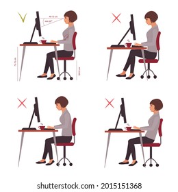 correct sitting position, office desk posture, vector