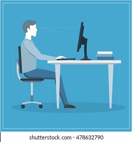 Correct Sitting Posture At Computer. Flat Design Style. Vector Illustration