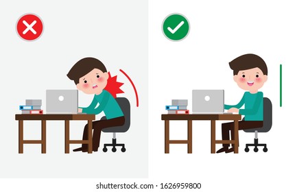 Correct sitting posture And incorrect. Disease back pain. Medical healthcare concept. office syndrome, Businessman cartoon design vector illustration.