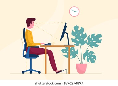 Correct sitting posture when working on a computer.. Ergonomic concept, Right position for healthy back. Distance between screen and eyes, Good chair height, footrest. Flat cartoon vector illustration