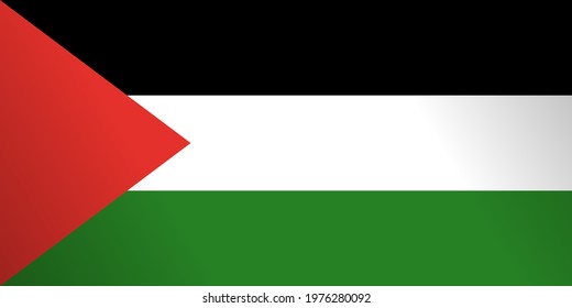 Flag of Palestine, correct size, proportions, and colours. Vector illustration. The state of Palestine. Tricolour three equal horizontal black, white, green stripes with a red triangle based at the hoist.