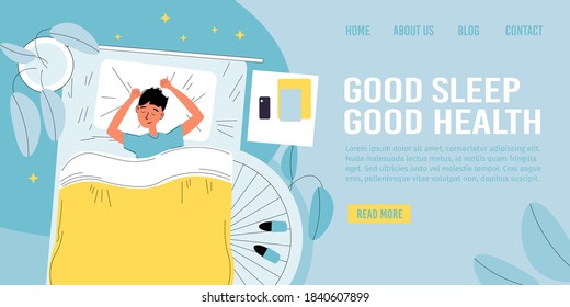 Correct sleep for good health, work rest hours schedule for children. Boy kid taking nap in comfortable bed. Daily life, night recreation for energy replenishment. Landing page design template