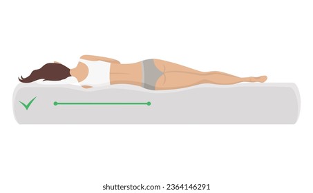 Correct sleeping body posture. Healthy sleeping position spine on orthopedic mattress and pillow. Caring for health of back, neck. Vector illustration