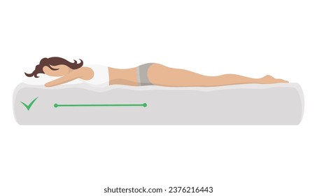 Correct sleeping body posture. Healthy sleeping position spine on orthopedic mattress and pillow. Caring for health of back, neck. Vector illustration