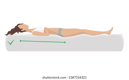 Correct sleeping body posture. Healthy sleeping position spine on orthopedic mattress and pillow. Caring for health of back, neck. Vector illustration
