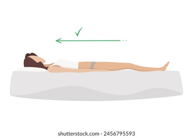 Correct sleeping body posture. Healthy sleeping position spine on orthopedic mattress and pillow. Caring for health of back, neck. Vector illustration