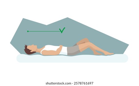 Correct sleeping body posture. Healthy sleeping position spine on orthopedic mattress and pillow. Caring for health of back, neck. Vector illustration