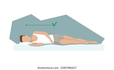 Correct sleeping body posture. Healthy sleeping position spine on orthopedic mattress and pillow. Caring for health of back, neck. Vector illustration