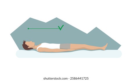 Correct sleeping body posture. Healthy sleeping position spine on orthopedic mattress and pillow. Caring for health of back, neck. Vector illustration