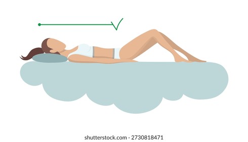 Correct sleeping body posture. Healthy sleeping position spine on orthopedic mattress and pillow. Caring for health of back, neck. Vector illustration