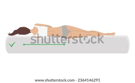 Correct sleeping body posture. Healthy sleeping position spine on orthopedic mattress and pillow. Caring for health of back, neck. Vector illustration