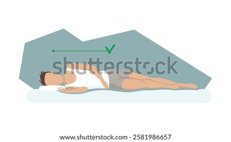 Correct sleeping body posture. Healthy sleeping position spine on orthopedic mattress and pillow. Caring for health of back, neck. Vector illustration