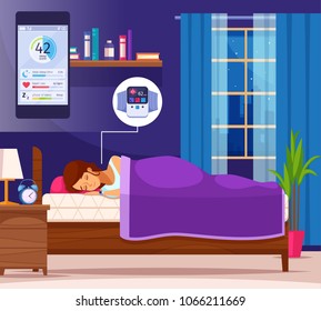 Correct sleeping cartoon composition with female human character and cartoon home scenery with smartphone application interface vector illustration