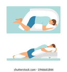 Correct sleeping poses. Caring for health of back. vector illustration.