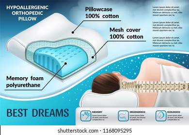Correct sleeping position. Hypoallergenic orthopedic pillow, memory foam. 3d realistic vector illustration. svg