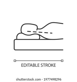 Correct sleeping position for reducing neck pain linear icon. Pillow cushioning head. Thin line customizable illustration. Contour symbol. Vector isolated outline drawing. Editable stroke