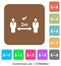Correct social distancing flat icons on rounded square vivid color backgrounds.
