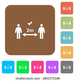 Correct social distancing flat icons on rounded square vivid color backgrounds.