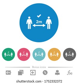 Correct social distancing flat white icons on round color backgrounds. 6 bonus icons included.