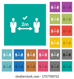 Correct social distancing multi colored flat icons on plain square backgrounds. Included white and darker icon variations for hover or active effects.