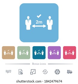 Correct social distancing white flat icons on color rounded square backgrounds. 6 bonus icons included