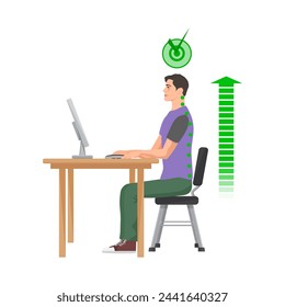 Correct spine posture sitting at computer. Healthy position at working desk, spine problems cartoon vector illustration