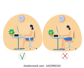 Correct spine sitting posture at computer and incorrect. Medical infographic healthcare. Vector illustration of ofice woman character.