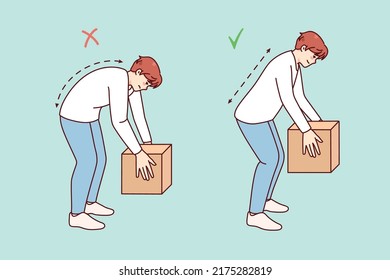 Correct technique of lifting heavy packages. Man lift box wrong and right. Back health safety concept. Flat vector illustration. 