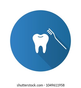 Correct teeth brushing flat design long shadow glyph icon. Tooth with toothbrush. Vector silhouette illustration