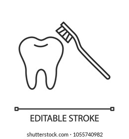 Correct Teeth Brushing Linear Icon. Thin Line Illustration. Tooth With Toothbrush. Contour Symbol. Vector Isolated Outline Drawing. Editable Stroke