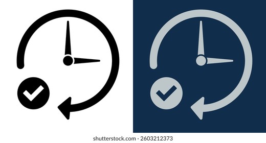 Correct time icon. Time management icon. Clock with arrow and checkmark symbolizing completed tasks, scheduling, and efficiency. Ideal for productivity and workflow concepts.