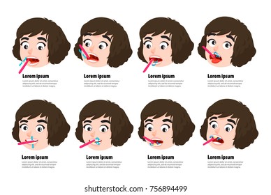Correct Tooth Brushing. Dental Teeth Brushing And Toothbrush Using. Cartoon Style Vector Ilustration