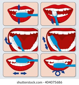 Corregir infografías vectoriales de cepillado dental. Enfriamiento dental y cepillo dental utilizando cepillos para cepillar, cepillado y pancarta