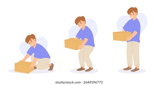 Maneira correta de levantar a caixa pesada. Conceito de segurança, prevenção de lesões nas costas, boa postura, posição correta, cuidados de saúde. O homem carrega e se levanta com o pacote de papelão nas mãos. Ilustração de vetor de falha