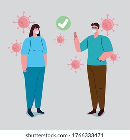 correct way, social distancing, keep distance in public society to people protect from covid 19, couple wearing medical mask against coronavirus vector illustration design