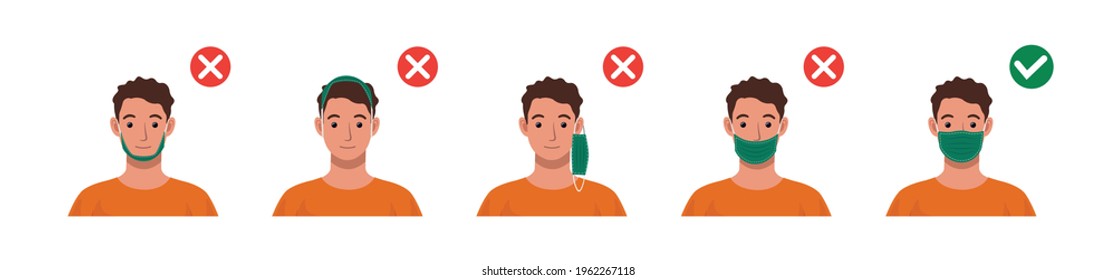 Correct ways to wear face mask. How to wear your mask properly. Mistakes people make when wearing mask vector illustration.