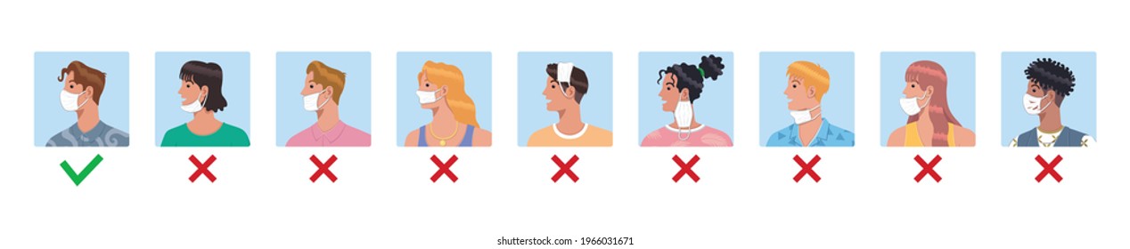 Correct Ways To Wear Face Mask. How To Wear Your Mask Properly. Mistakes People Make When Wearing Mask Guidelines Vector Illustration.