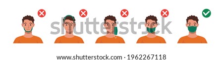 Correct ways to wear face mask. How to wear your mask properly. Mistakes people make when wearing mask vector illustration. Foto stock © 