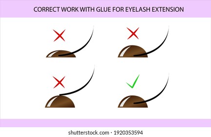 Correct work with glue in eyelash extension, guide, infographics, vector illustration