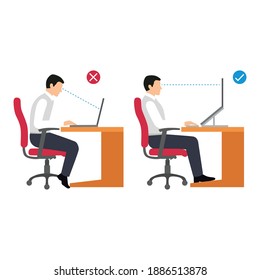 correct working position people flat vector illustration isolated on white background. Sitting posture set. Right and wrong positions. Healthy lifestyle.