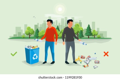 Correct and wrong behavior of littering waste. Person disposed improperly throwing away garbage on the floor. Trash is fallen on the ground. Littering garbage. Littering trash. Rubbish on the ground.