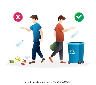 Correct and wrong behavior of littering waste. Person disposed improperly throwing away garbage. Vector illustration