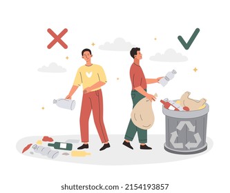 Correct and wrong behavior of littering waste. Man throws garbage into can against guy throwing garbage on ground. Caring for environment and indifference to nature. Cartoon flat vector illustration