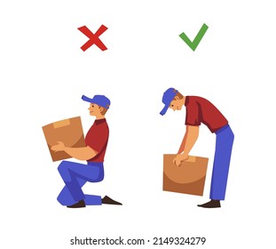 Correct and wrong body posture for lifting heavy weights and loads, flat vector illustration isolated on white background. Safe way instruction to lift weights.